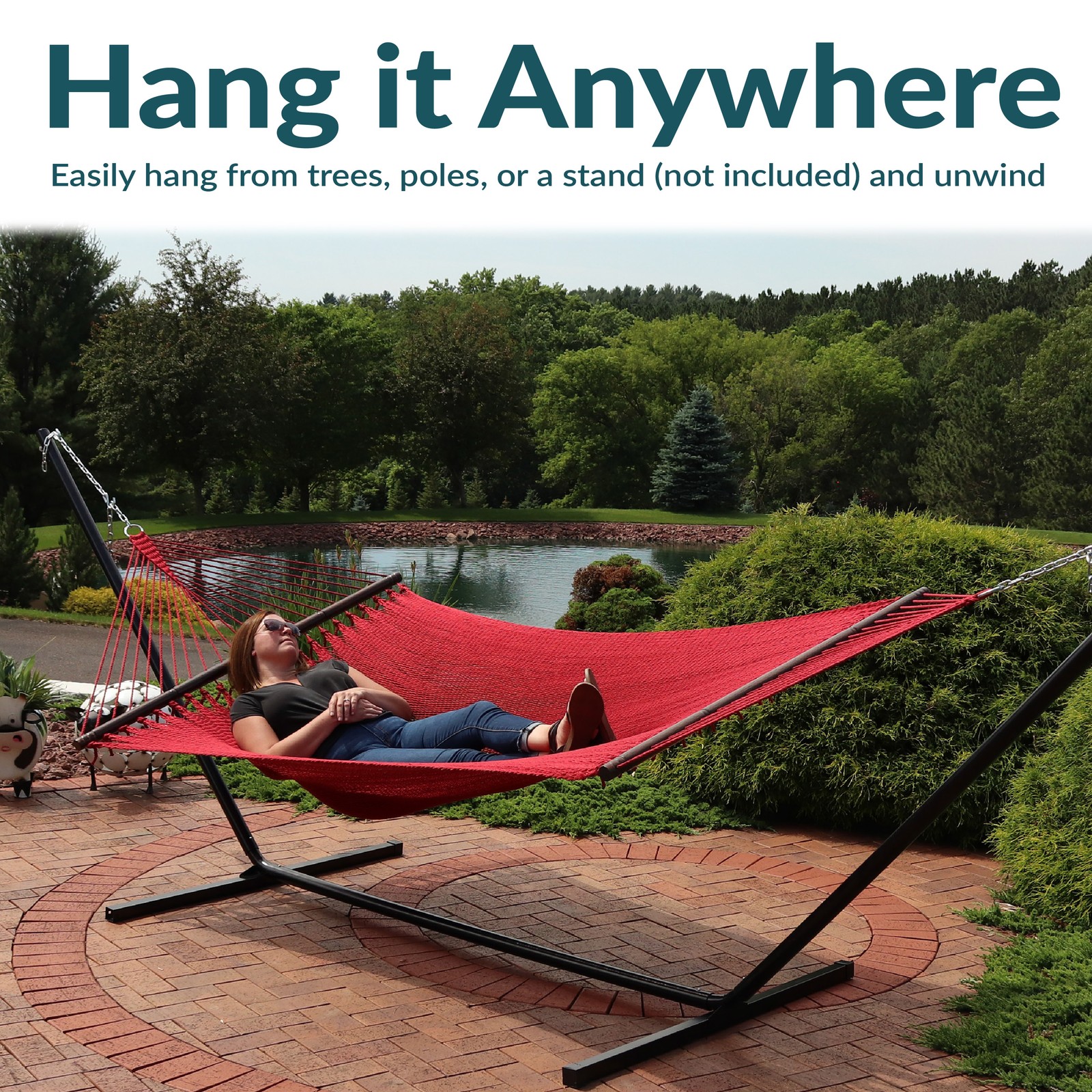 2-Person Polyester Rope Hammock with Spreader Bars – Red by Sunnydaze