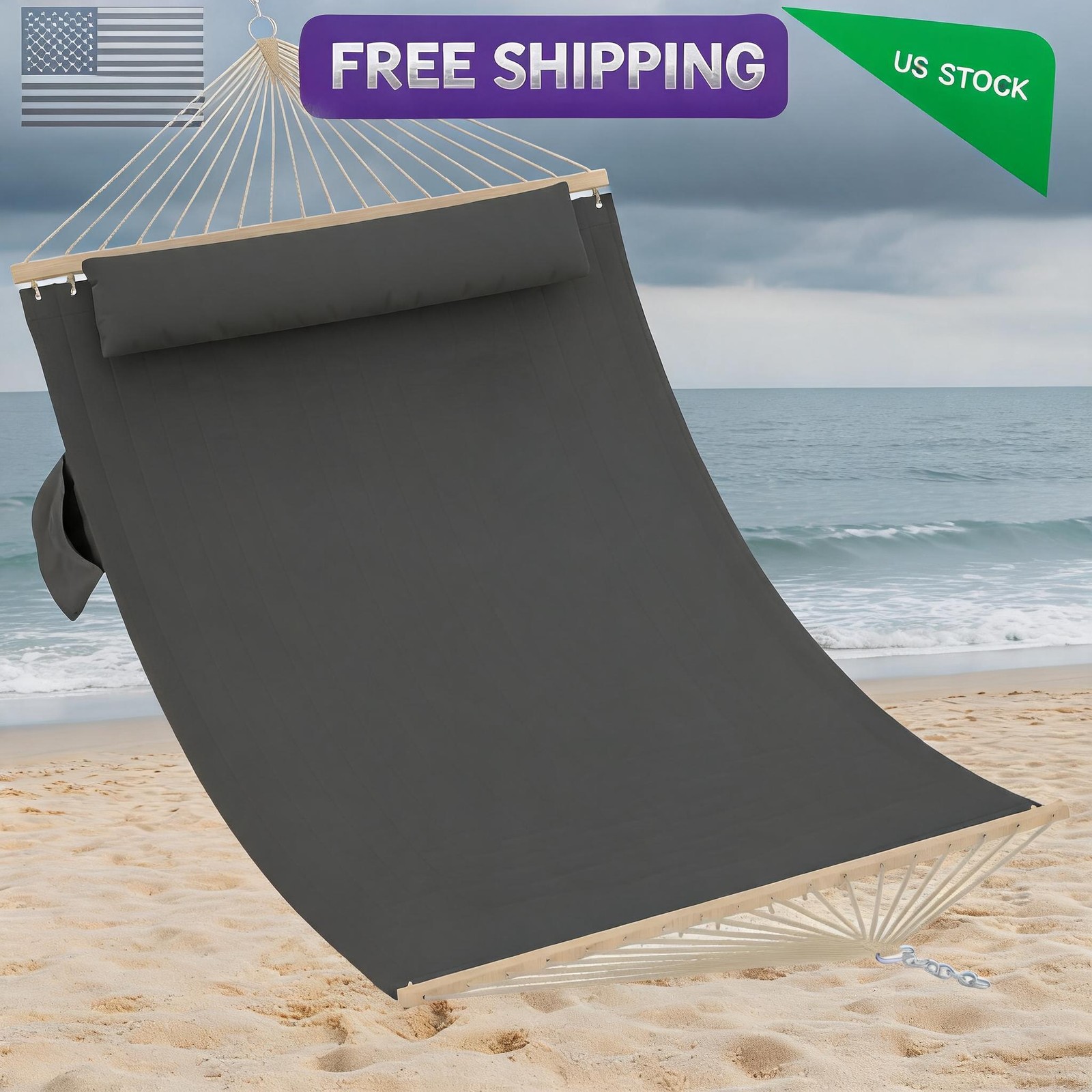 Quilted Fabric Hammock, 2 Person Outdoor Hammock with Wood Spreader Double 12FT