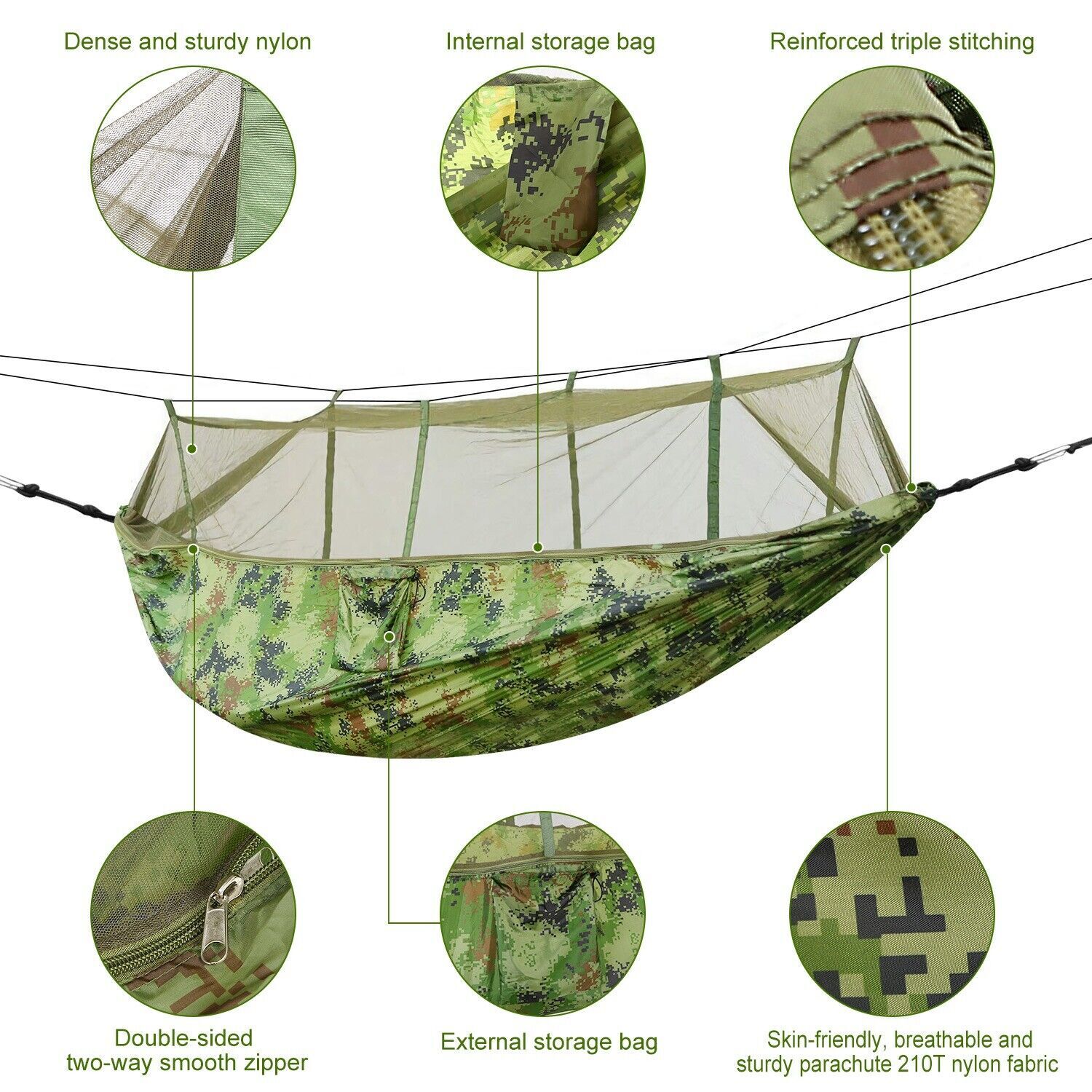 2 Persons Camping Hommock Nylon Swing Hanging Bed with Mosquito Net 600lbs Load