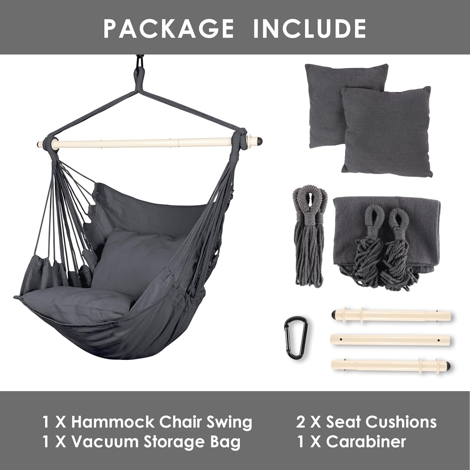 Hammock Chair Hanging Rope Swing Polyester 500lbs Indoor Outdoor Grey