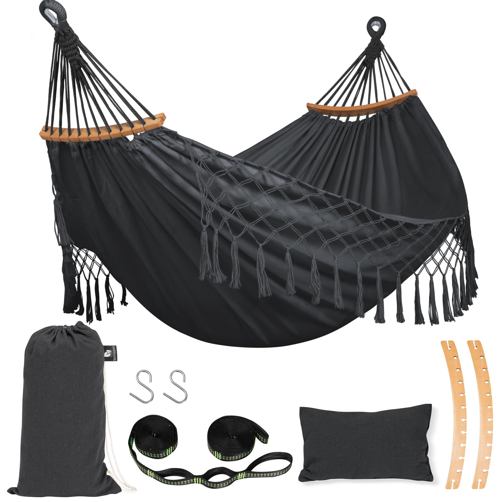 SUNCREAT Hammocks Portable Tree Hammock Swing with Spreader Dark Gray Tassel