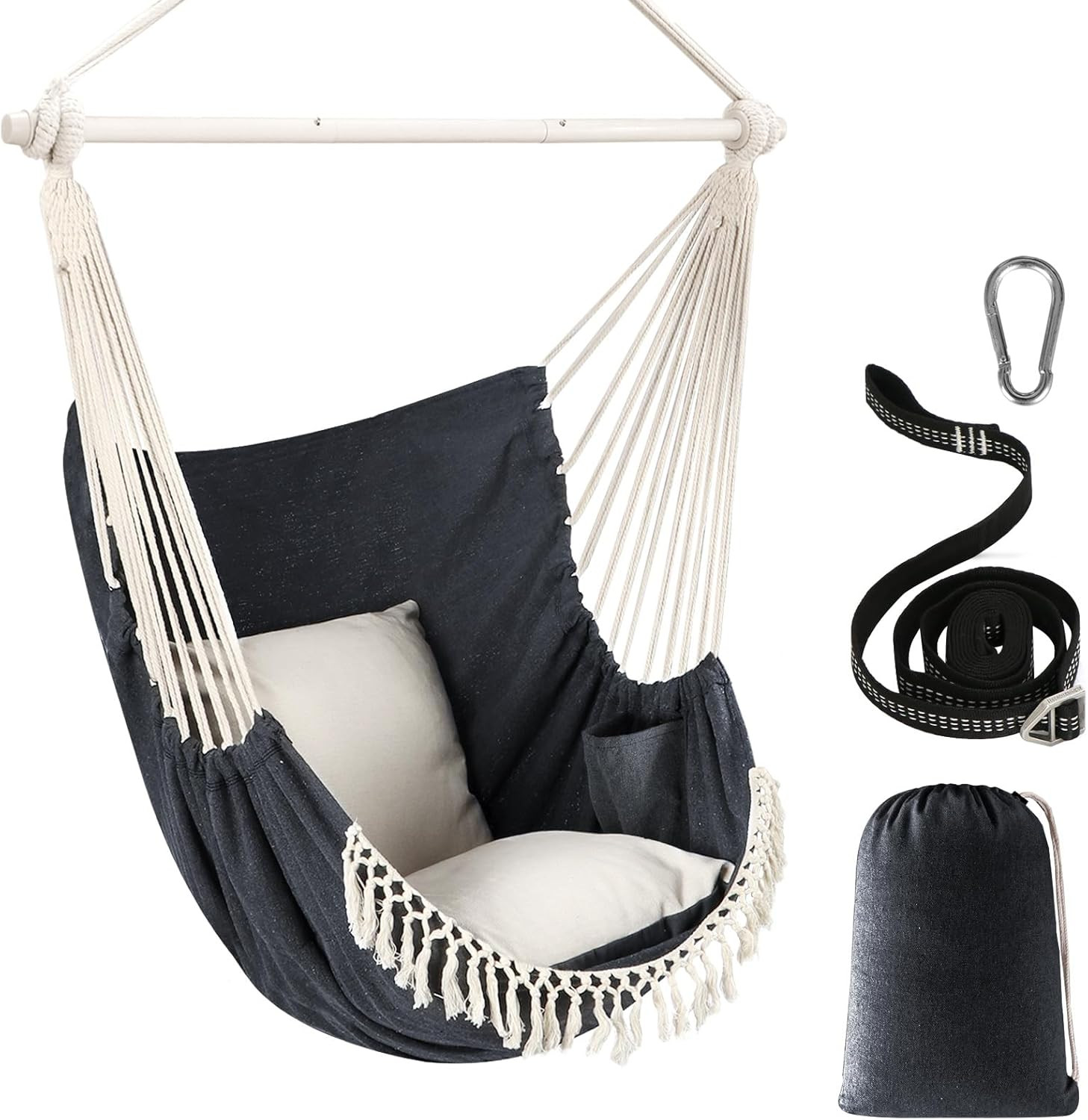 Hammock Swing Chair 500lbs 2 Cushion Steel Spreader Bar Portable Side Pocket