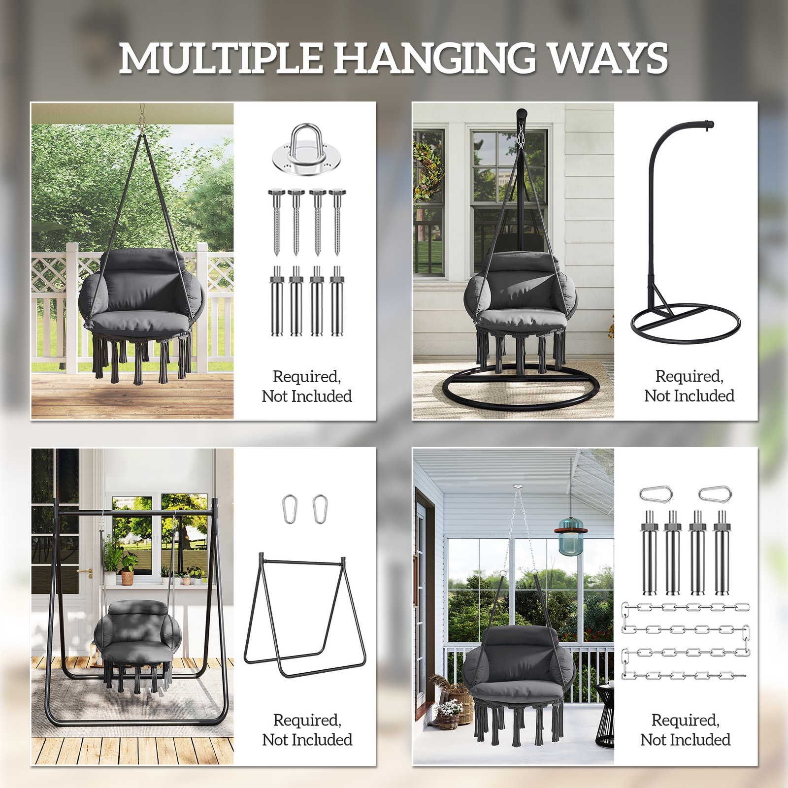 Outsunny Hanging Hammock Chair with Cushion, Macrame Swing Chair, Dark Gray
