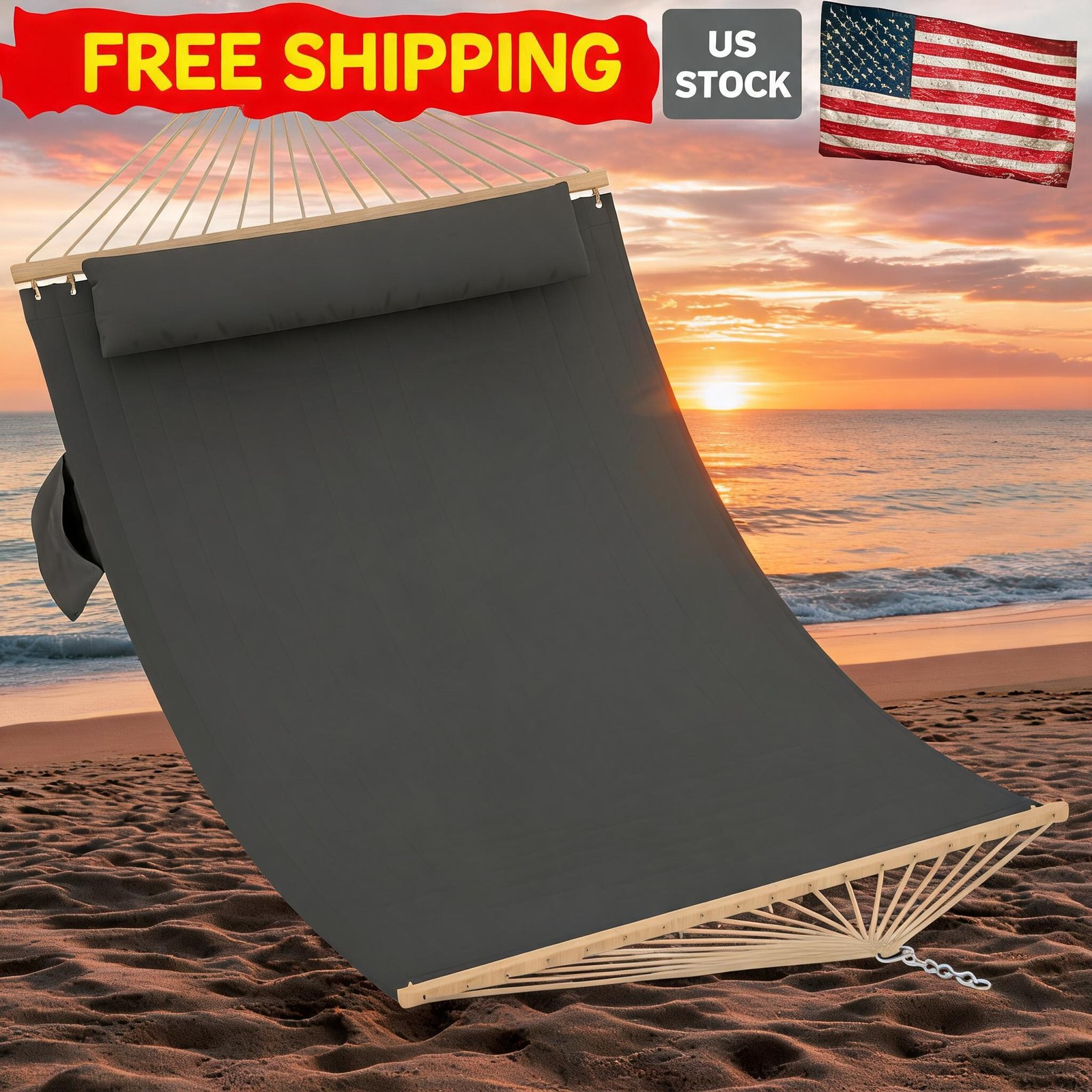 Quilted Fabric Hammock, 2 Person Outdoor Hammock with Wood Spreader Double 12FT