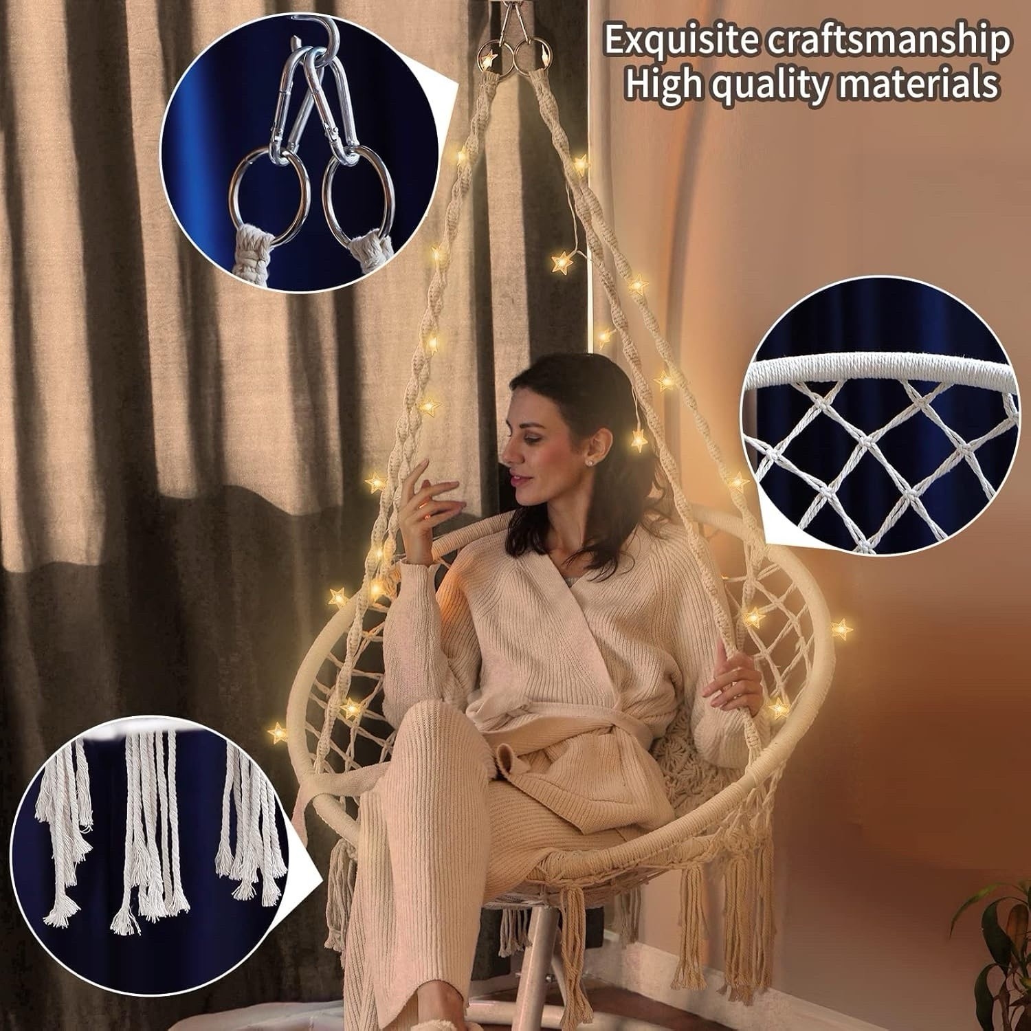 Round Hammock Chair Swing with Two LED Lights, Upgraded Max 550LBs.