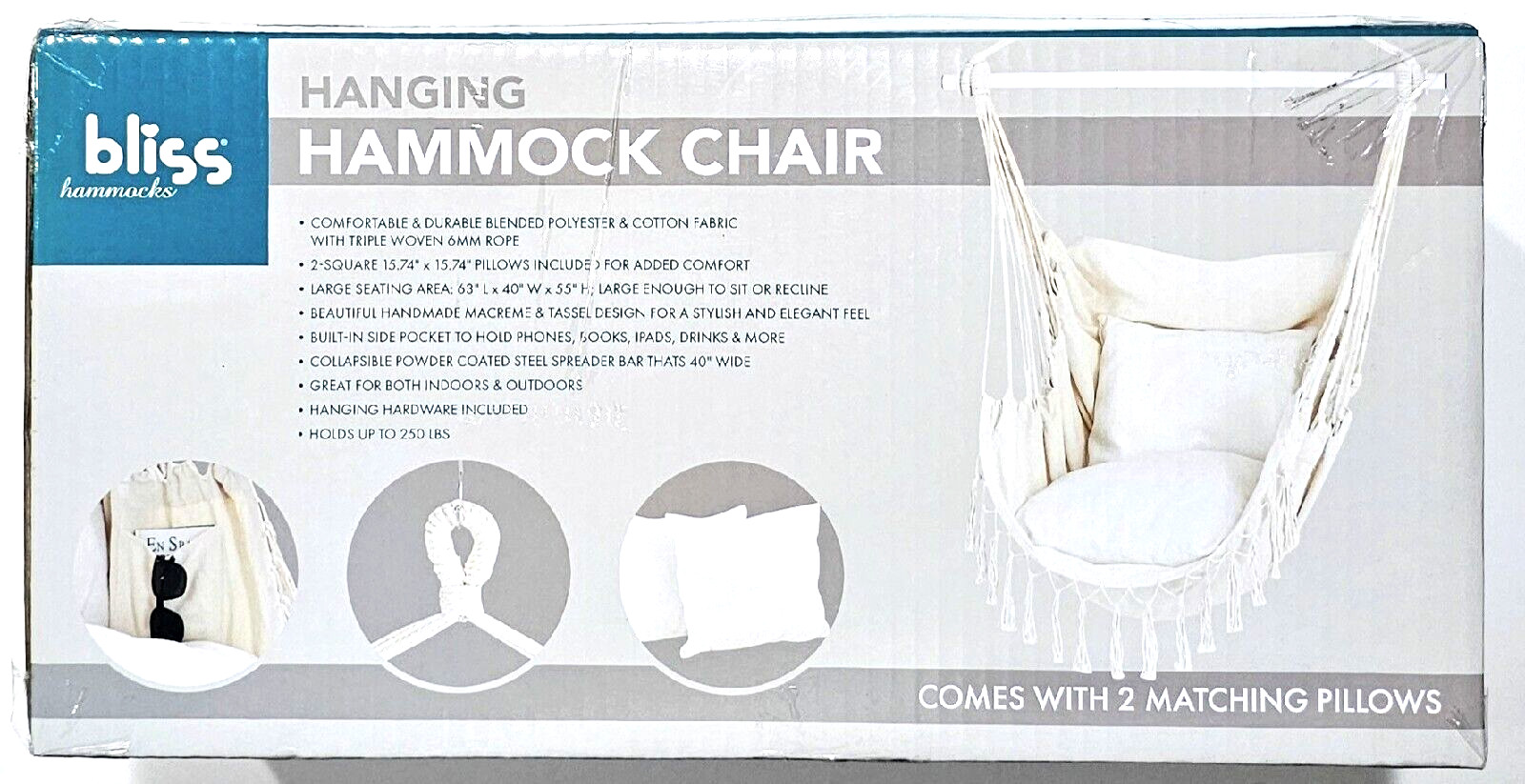 bliss hanging hammock Chair Polyester Cotton Fabric 2 Pillows Included 250lb Cap