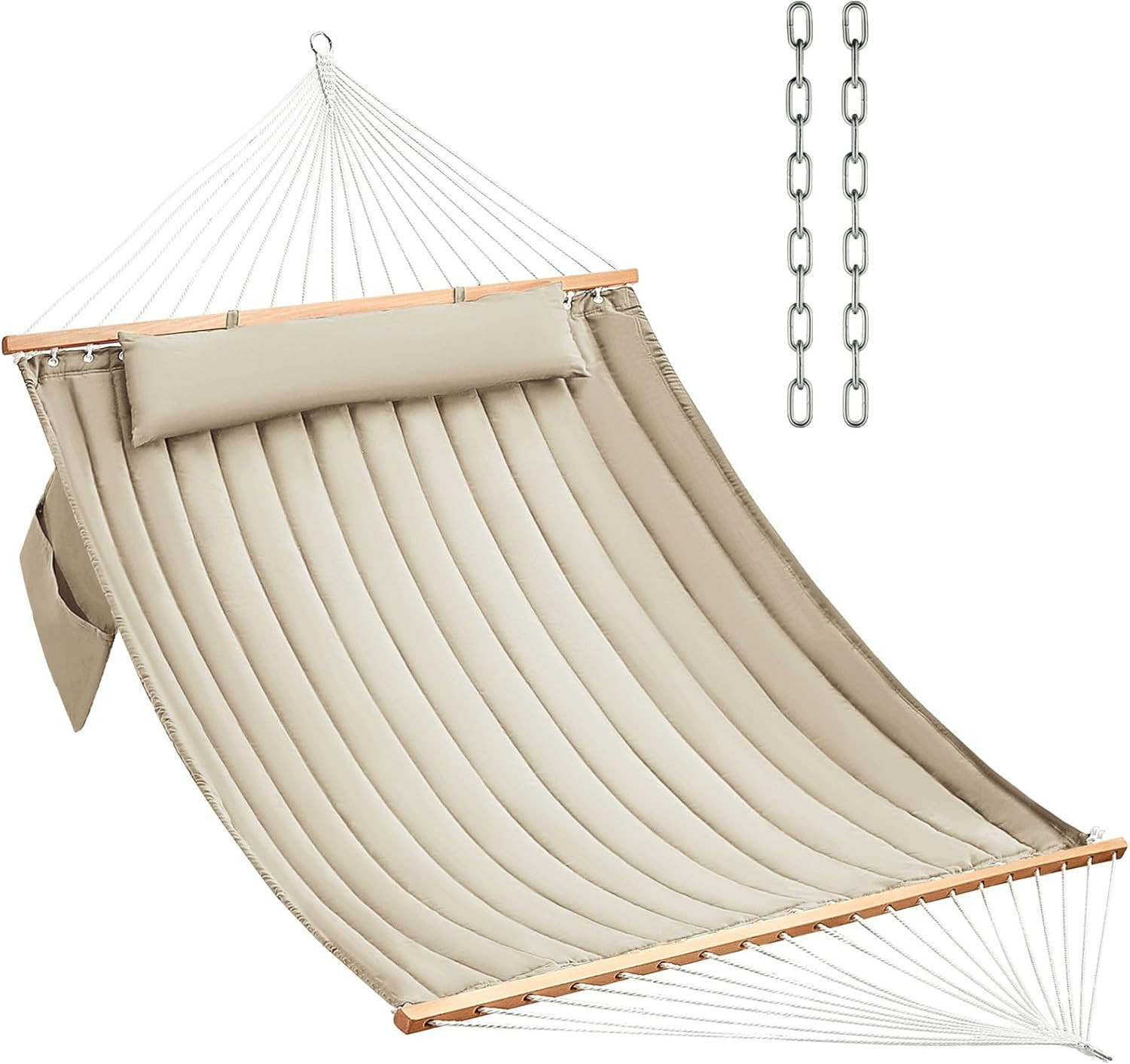Double Quilted Fabric Hammock with Hardwood Spreader Bars and Pillow 450 LBS Cap