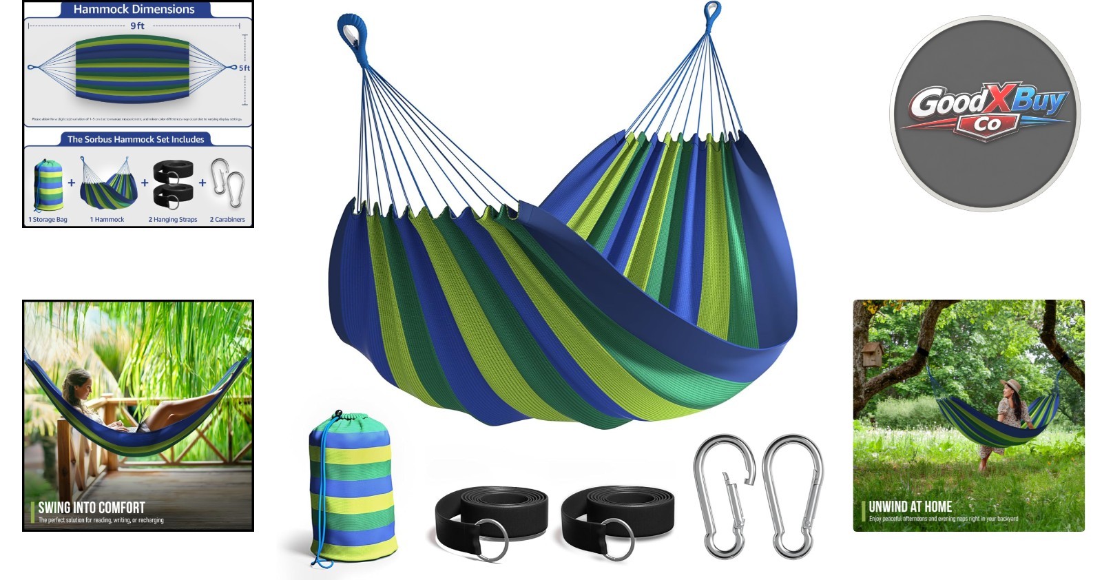 Brazilian Double Hammock Extra-Long Portable Indoor Outdoor Blue/Green