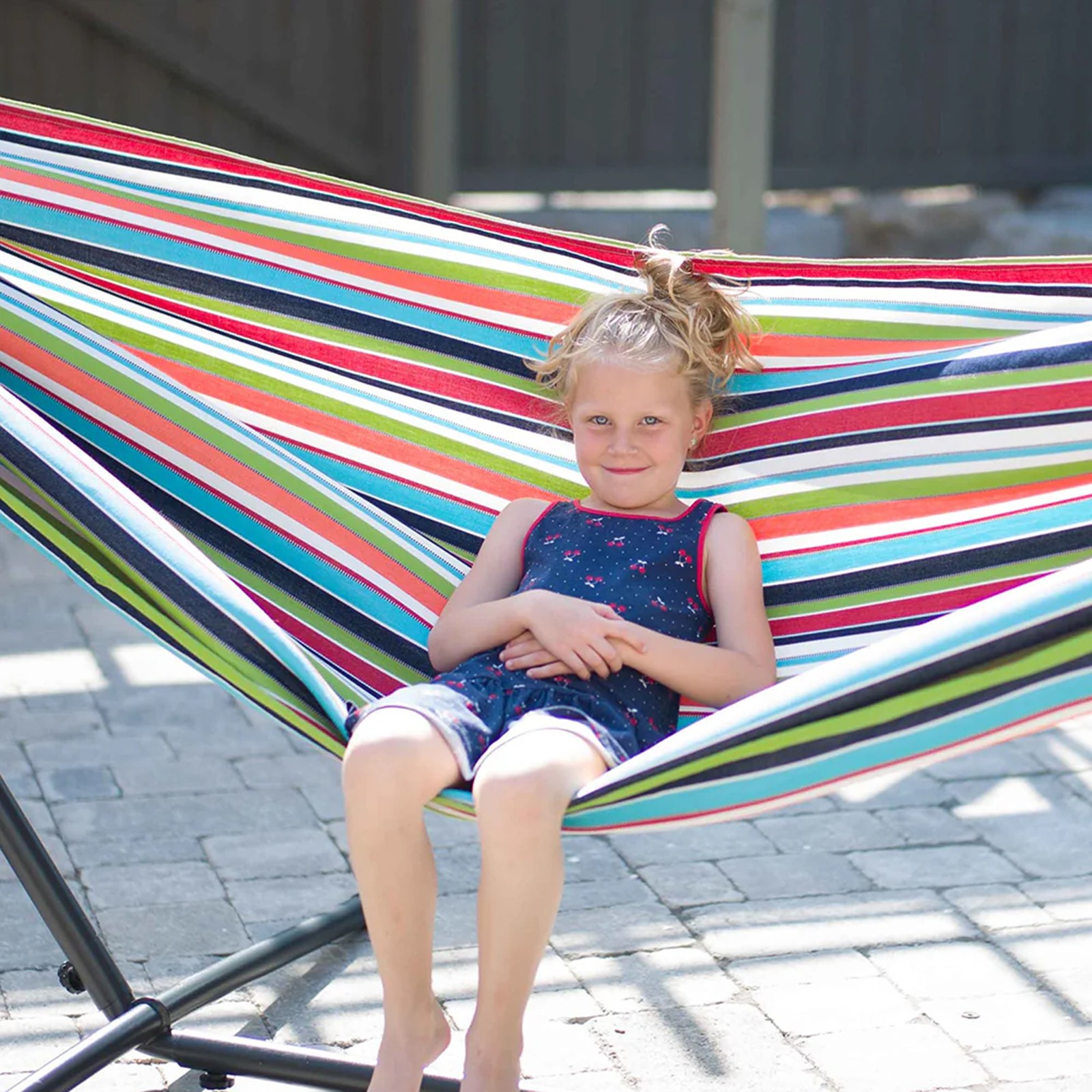 Vivere Double Sunbrella Hammock, Steel Stand, Portable Outdoor Lounge, Confetti