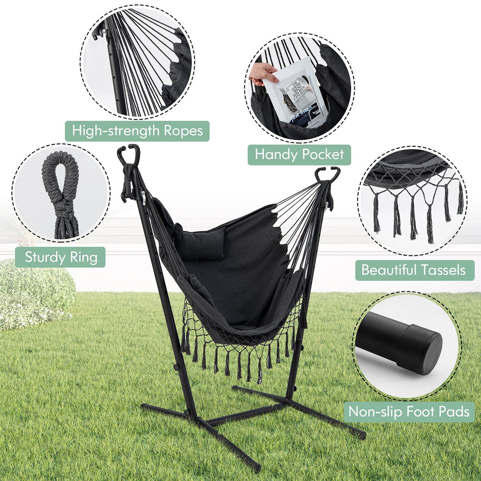 Hammock Chair with Stand Phone Holder Adjustable Swing Indoor & Outdoor Use