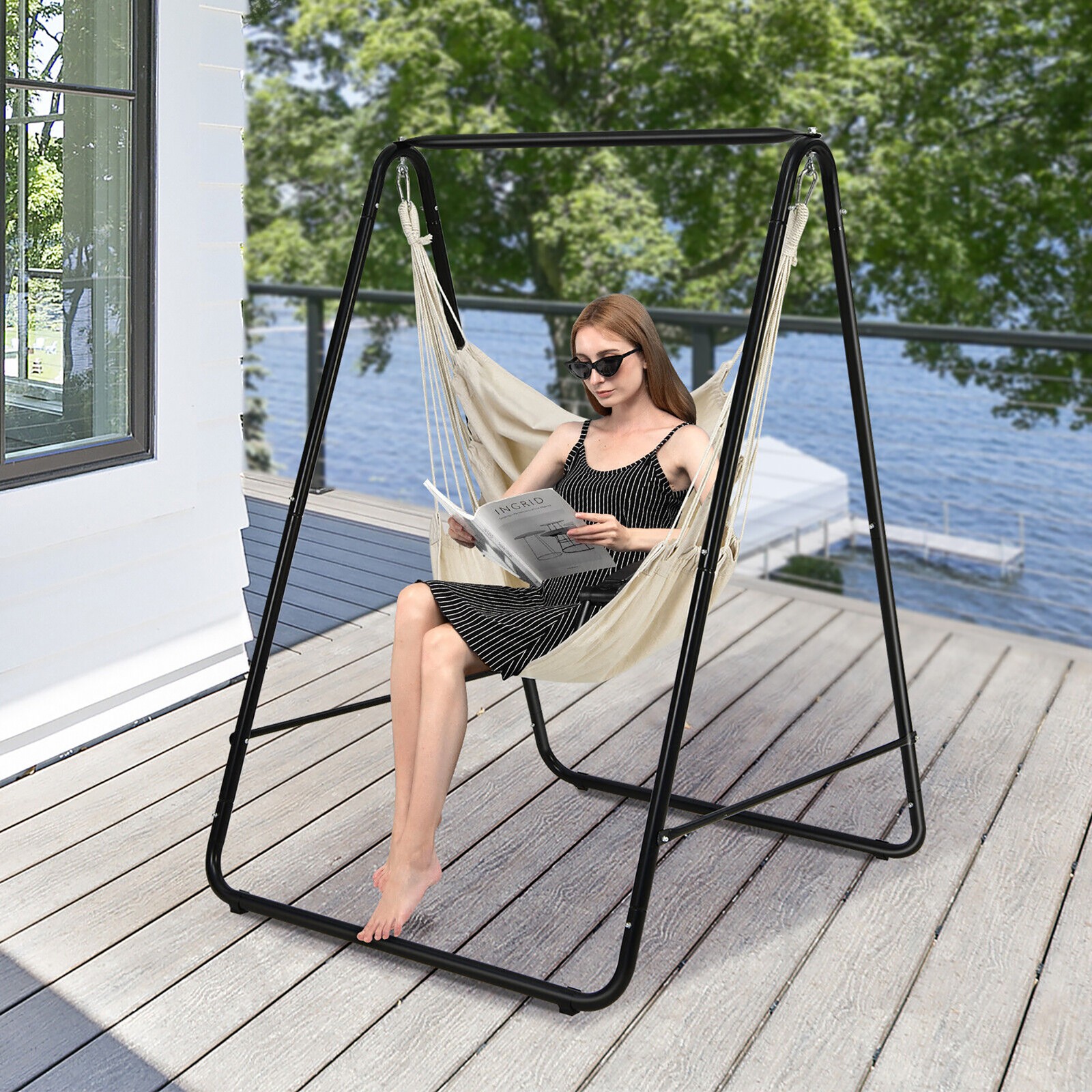 Hammock Chair Stand Hanging Padded Swing Heavy Duty Steel Outdoor Beige