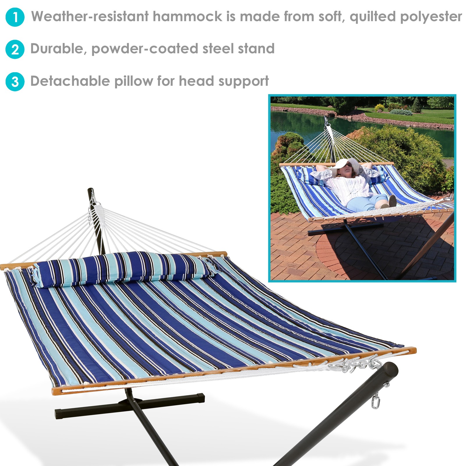2-Person Quilted Fabric Hammock with Steel Stand – Catalina Beach by Sunnydaze