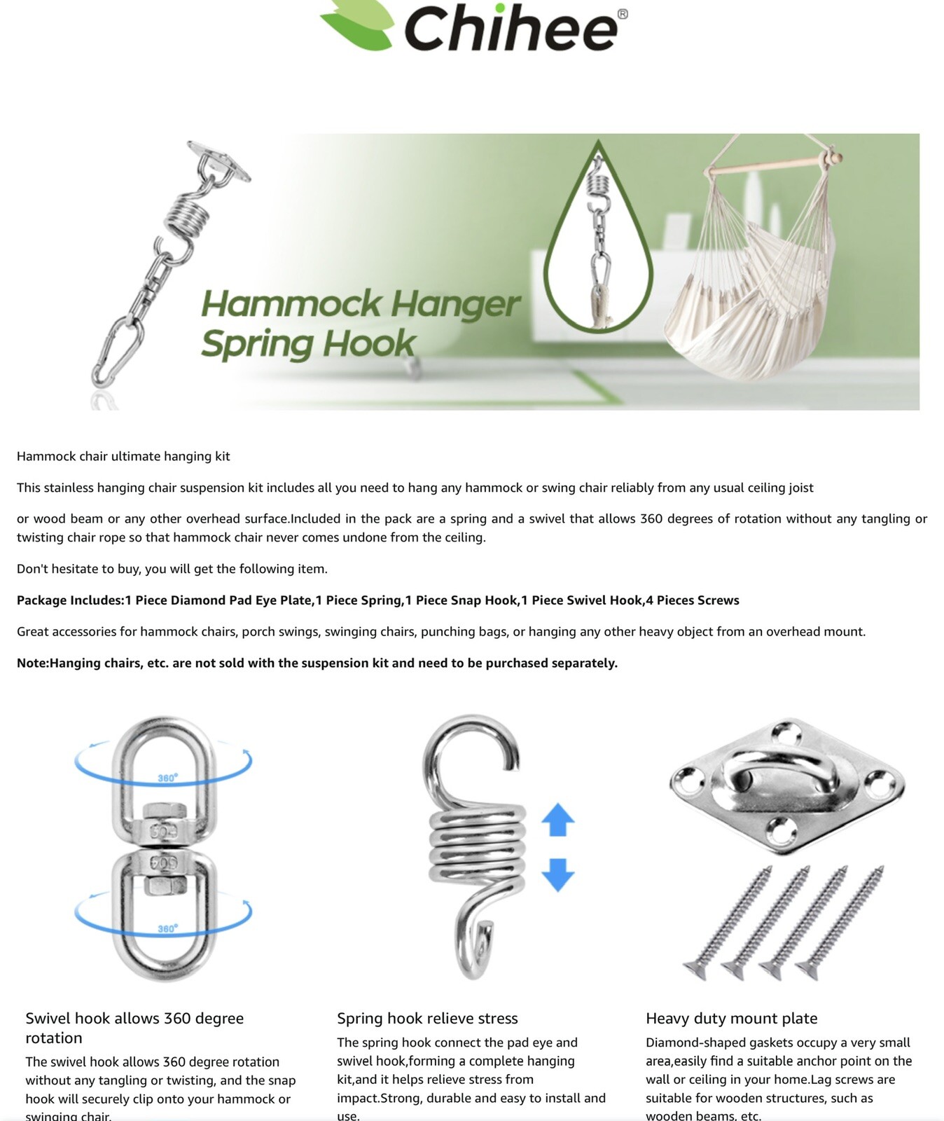 Chihee Stainless Steel Swing Hanger 1000LB Capacity Hammock Swivel Hook