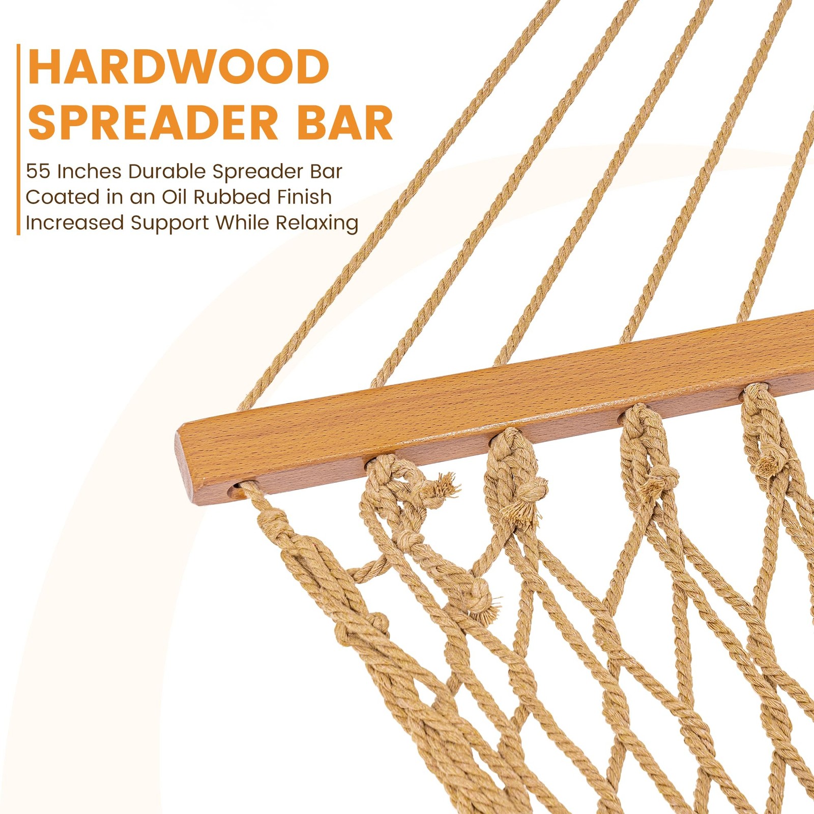 Double Rope Hammock 2 Person Hand Woven Cotton with Spreader Bar Tan Max 450 Lbs