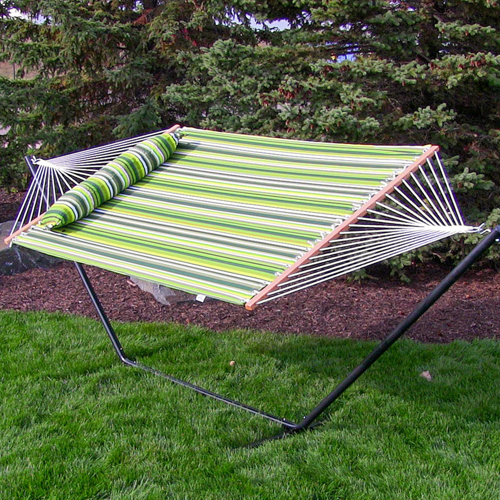 Large Quilted Hammock with Spreader Bar and Pillow – Melon Stripe by Sunnydaze