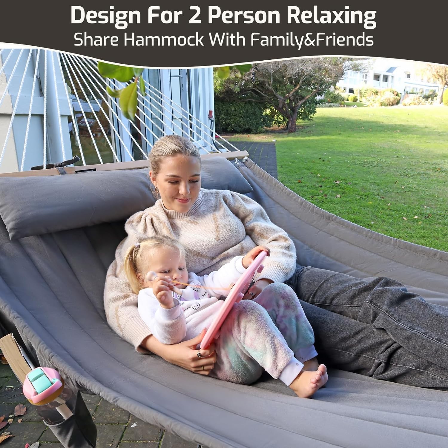 Double Quilted Fabric Hammock with Hardwood Spreader Bars and Pillow 450 LBS Cap
