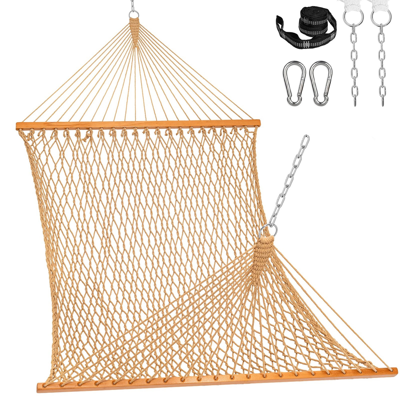 Double Rope Hammock 2 Person Hand Woven Cotton with Spreader Bar Tan Max 450 Lbs