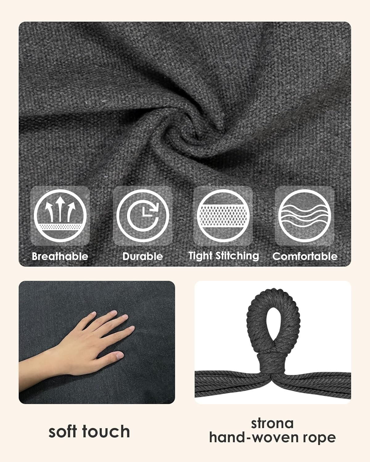 Hammock Chair Hanging Rope Swing Polyester 500lbs Indoor Outdoor Grey