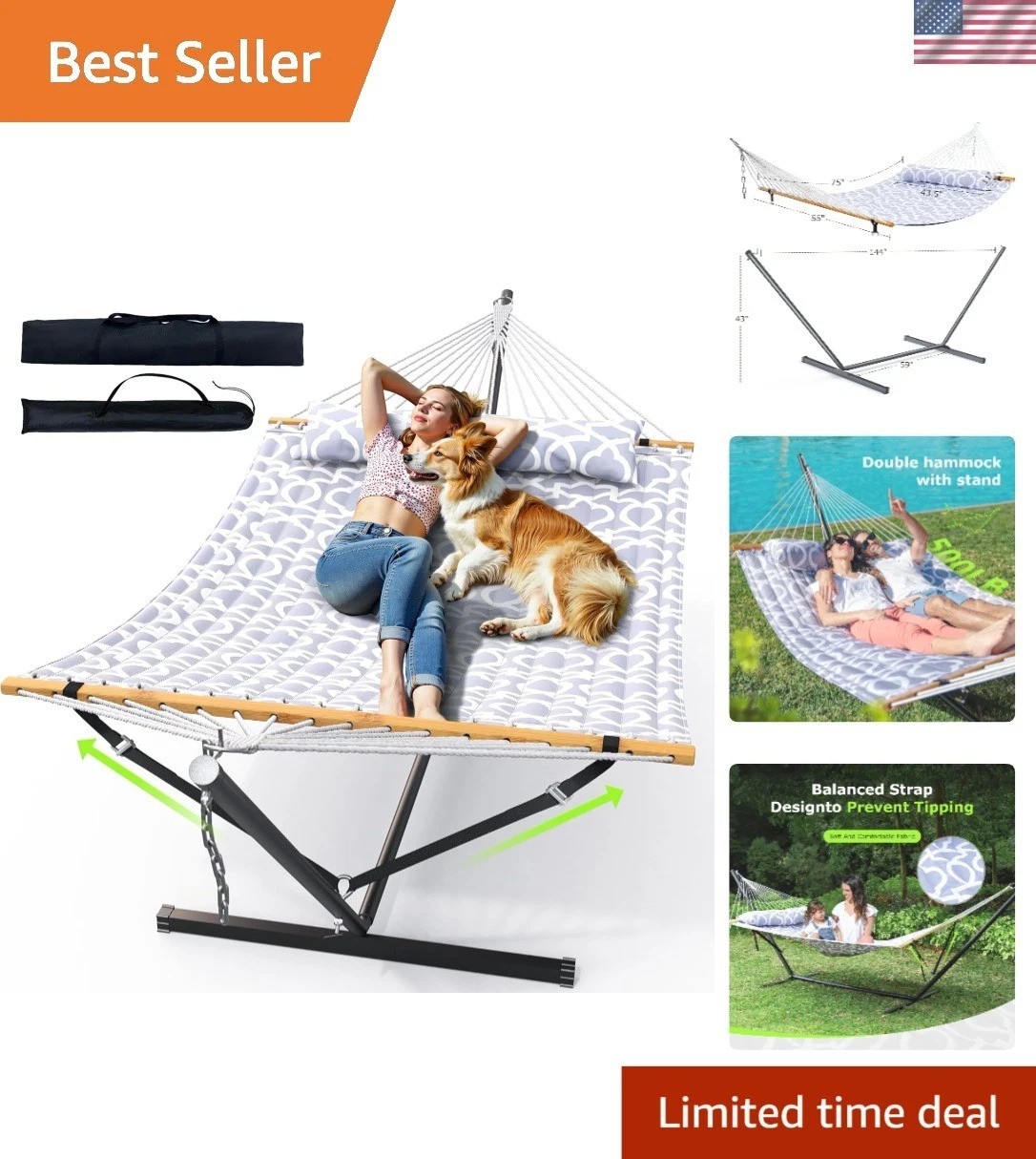 Double Hammock with Stand for Outdoor, Heavy Duty Portable Hammock with Adjus…