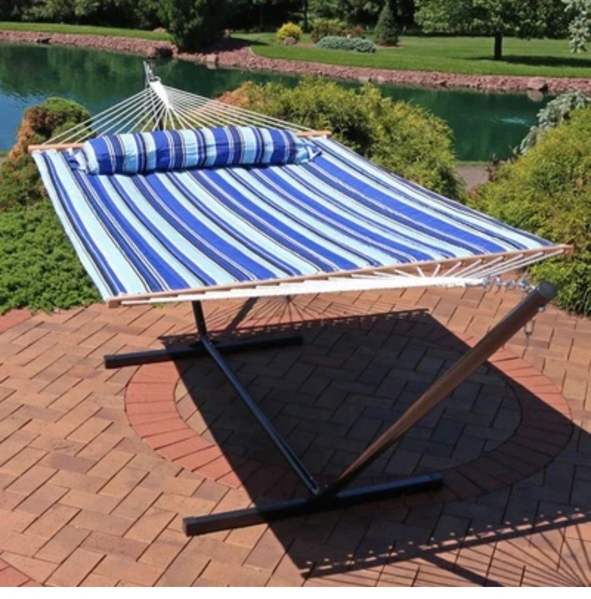 2-Person Quilted Fabric Hammock with Steel Stand – Catalina Beach by Sunnydaze