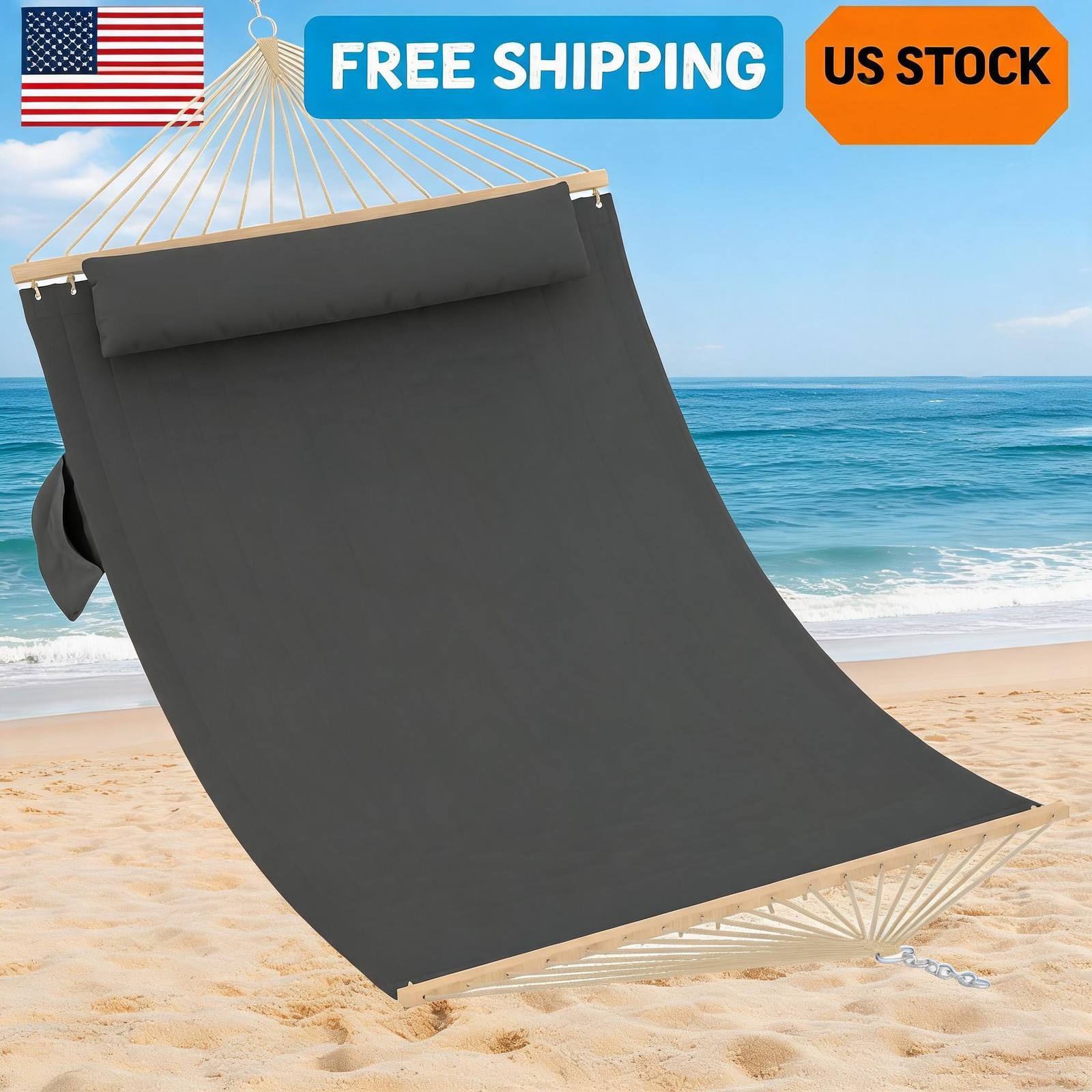 Quilted Fabric Hammock, 2 Person Outdoor Hammock with Wood Spreader Double 12FT