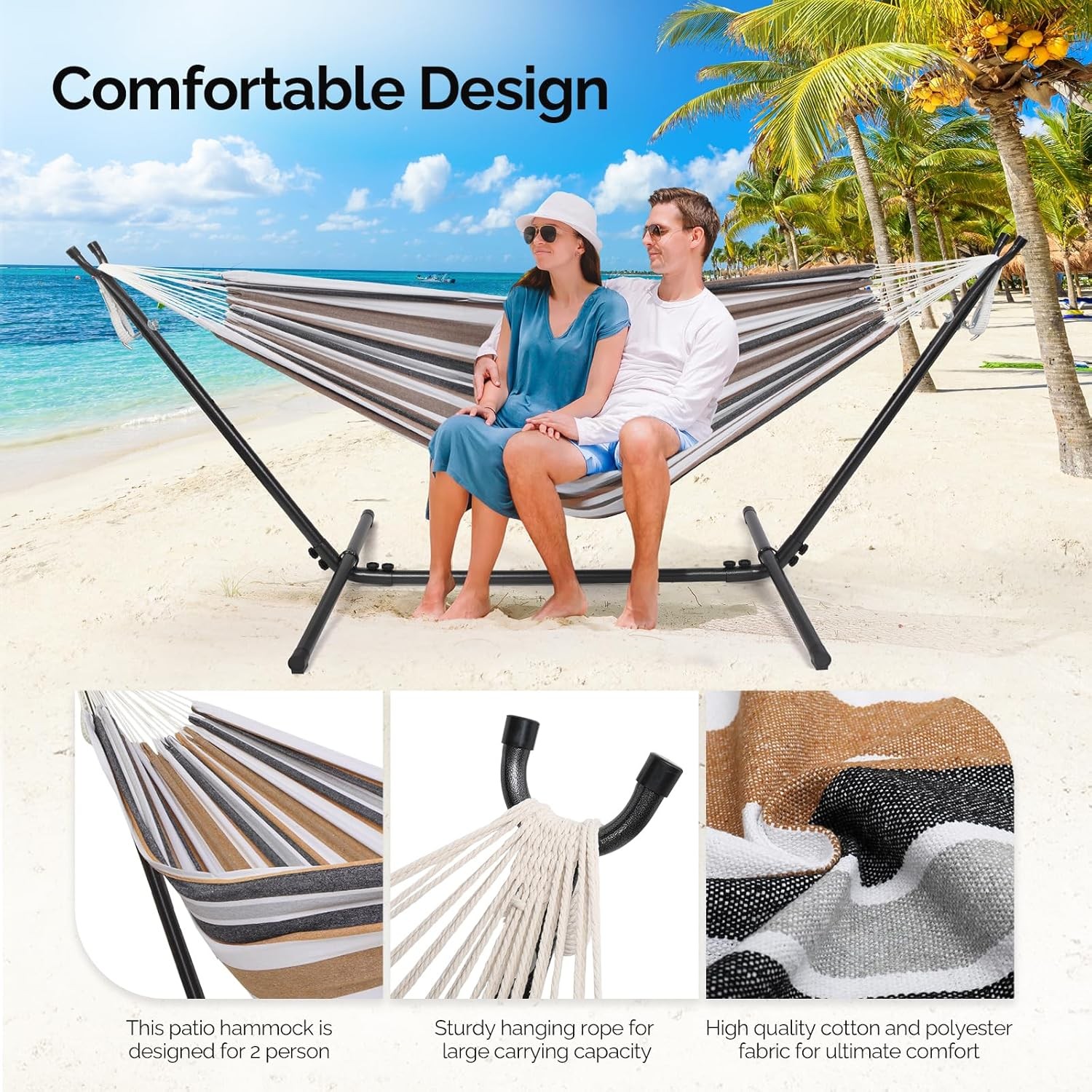 550 LBS Capacity Double Hammock with Stand Included with Portable Carrying Bag