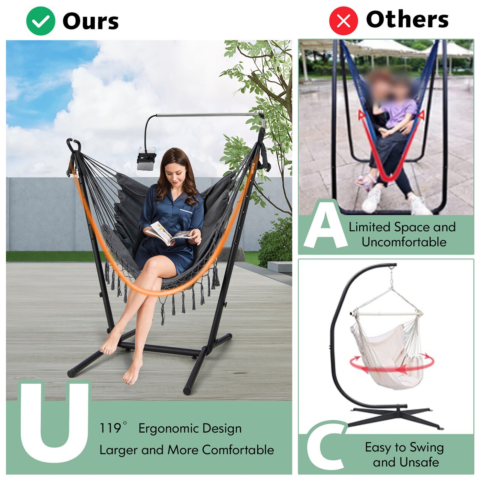 Hammock Chair with Stand Phone Holder Adjustable Swing Indoor & Outdoor Use