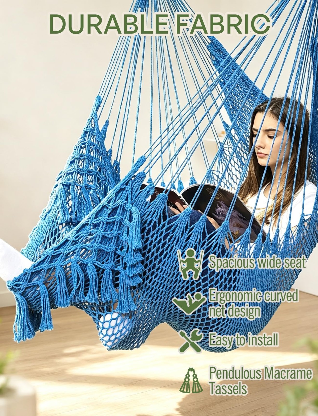 Chihee Hammock Chair Handmade Woven Mesh Hanging Seat 240x80cm, Royal Blue