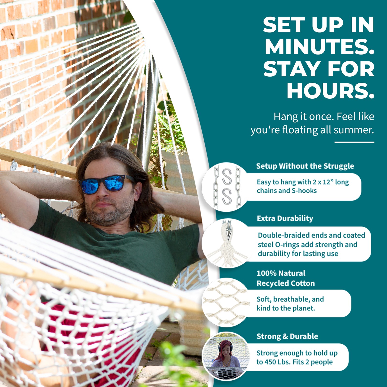 Bliss Hammocks Classic 2-Person Cotton Rope Hammock w/ Spreader, 80×60, Natural