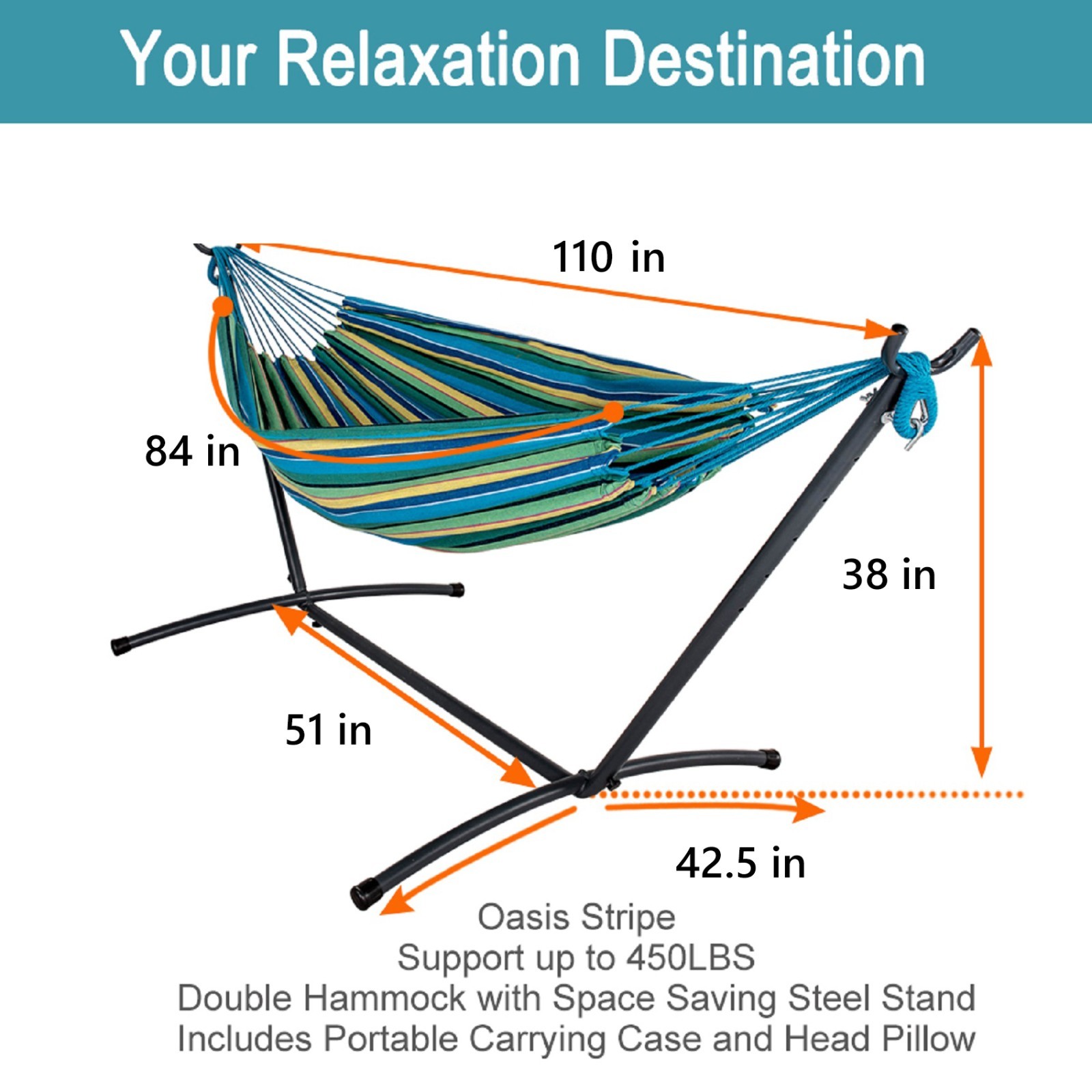 Double Size Hammock with 9 ft Steel Stand 450lbs Capacity