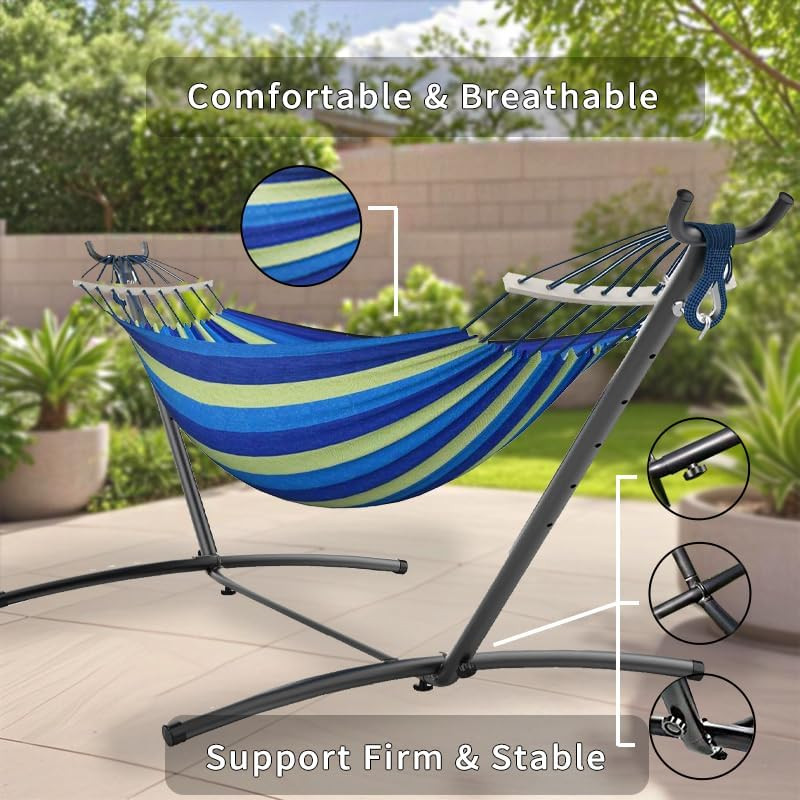 Double Hammock with Stand, 2 Person Hammock with Anti-Rollover Spreader Bar, Adj