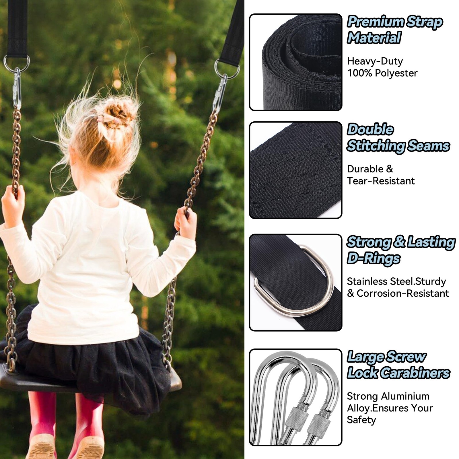 2 Pack 5Ft Tree Swing Hanging Straps Kit wiht Screw Lock Carabiners Swivel Hook