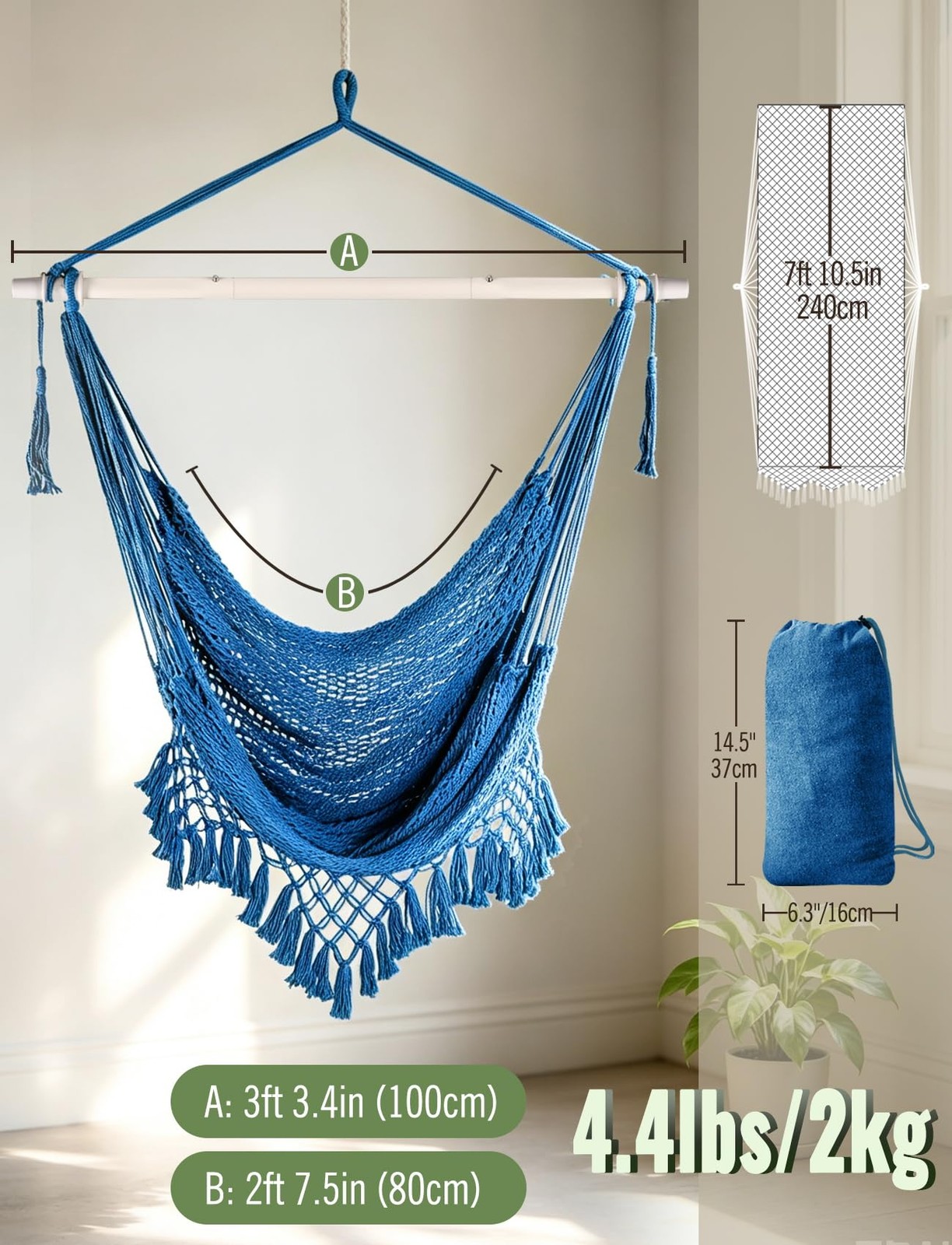 Chihee Hammock Chair Handmade Woven Mesh Hanging Seat 240x80cm, Royal Blue
