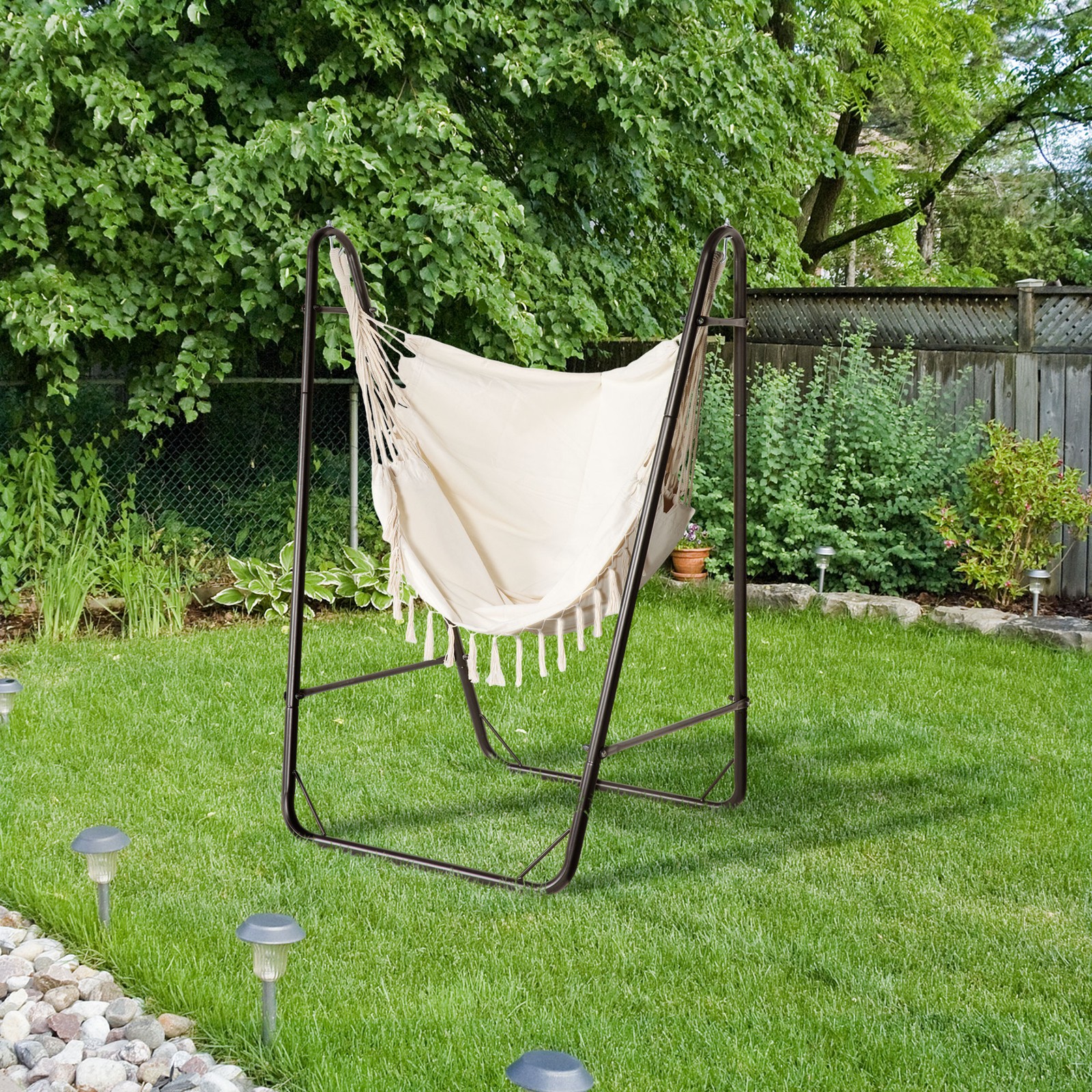 Outsunny Hammock Chair w/ Metal Stand, Hammock Swing w/ Side Pocket