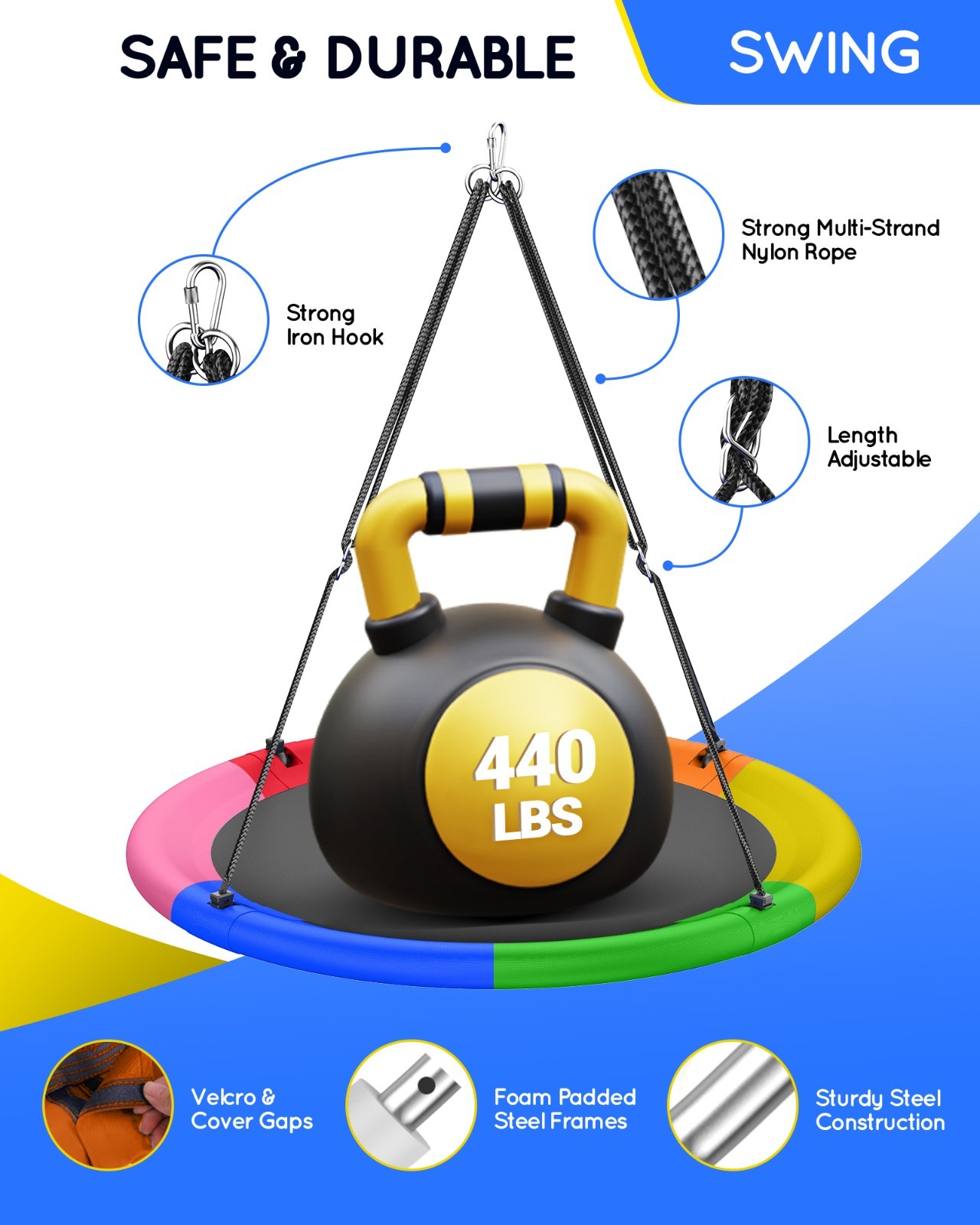 GYROOR Sturdy&Comfortable 43 In Saucer Tree Swing Flying Indoor Outdoor for kids