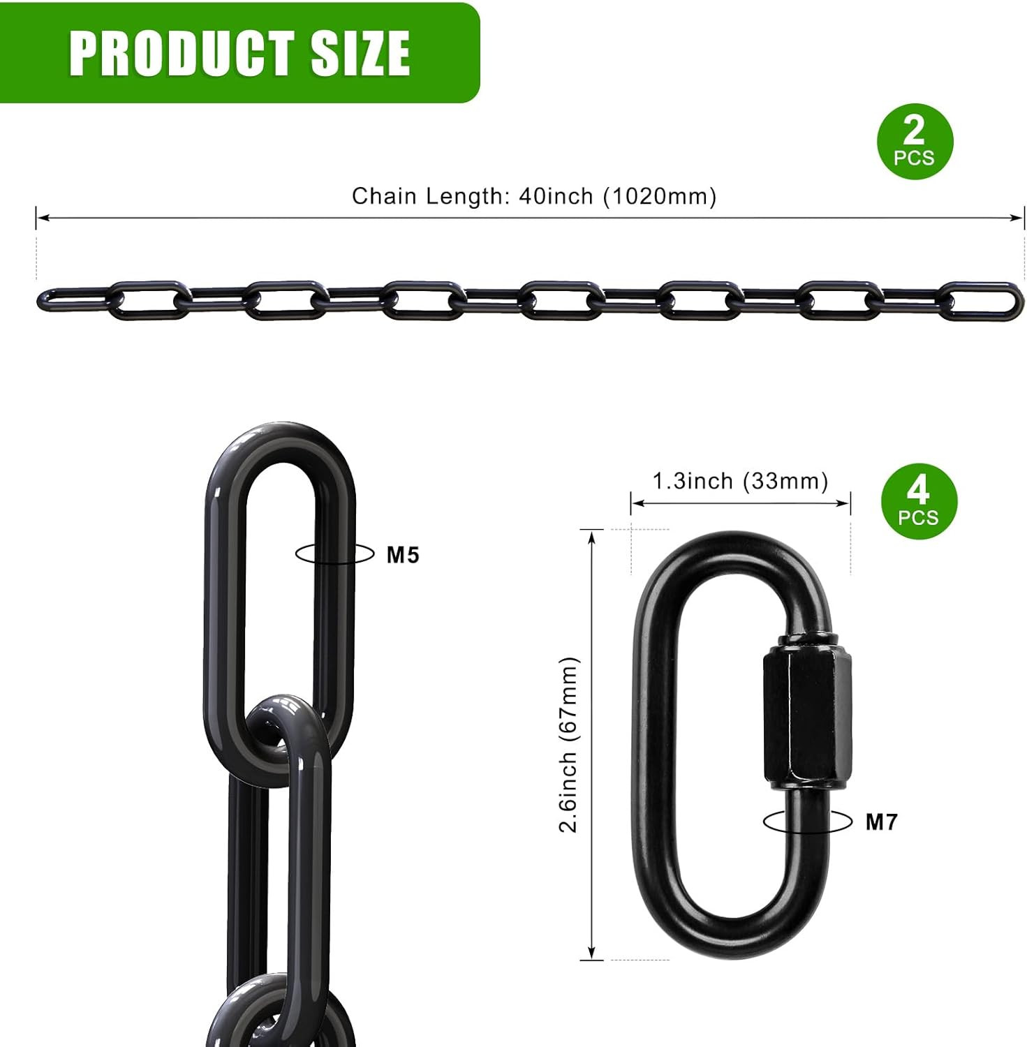 SELEWARE 2 Pack 40 Inch Hanging Swing Chain with 4 Carabiners, 1000LB Capacity P