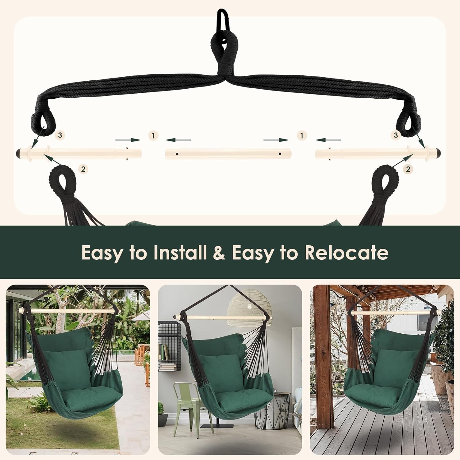 Versatile Hanging Hammock Chair – Durable for Indoor/Outdoor – 500 lbs Capacity