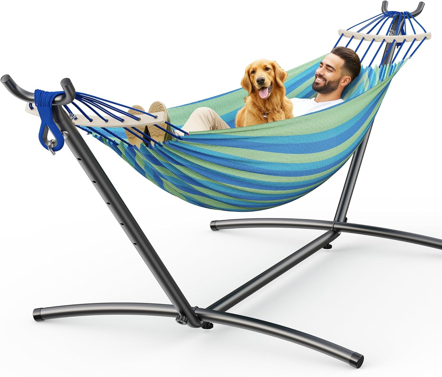 Double Hammock with Stand, 2 Person Hammock with Anti-Rollover Spreader Bar, Adj