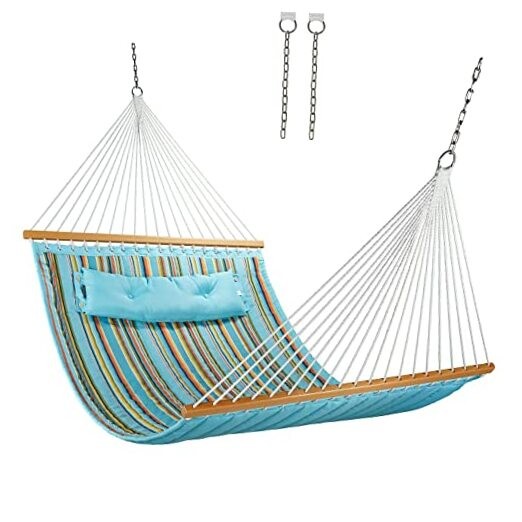 12 FT Double Quilted Fabric Hammock with Spreader Bars and Pillow Blue Stripes