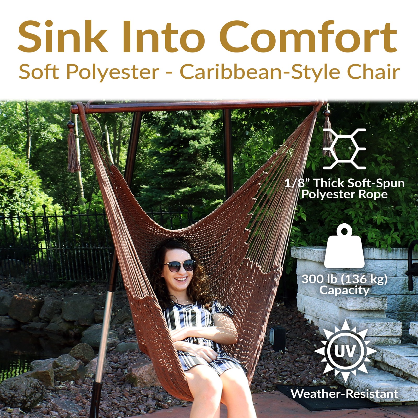 Extra Large Polyester Rope Hammock Chair and Spreader Bar – Mocha by Sunnydaze