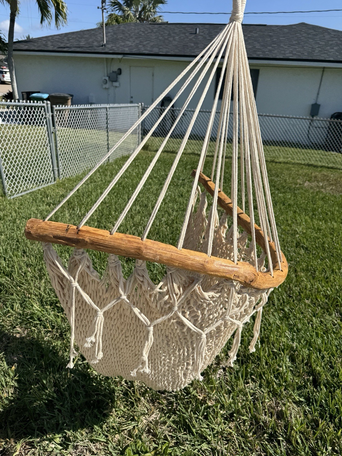 Large Heavy Duty Hand Carved Wooden Rod Frame Rope Swing Chair Fringe Bohemian