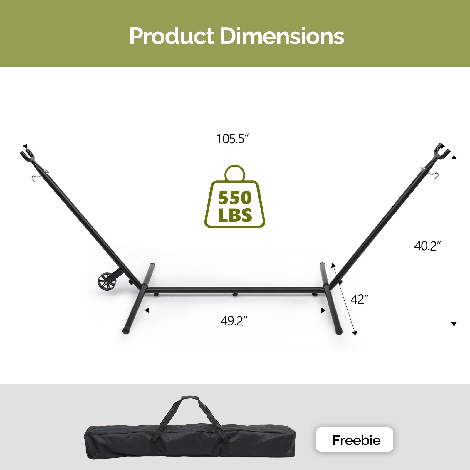 9 FT Steel Hammock Stand Only Adjustable Hooks, Carrying Bag, Wheel for Garden