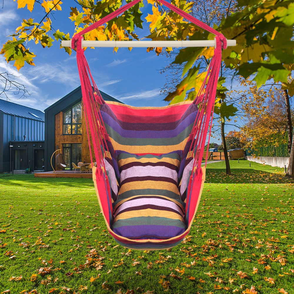 Outdoor Porch Patio Garden Chair Hanging Rope Swing Hammock Seat with 2 Pillows