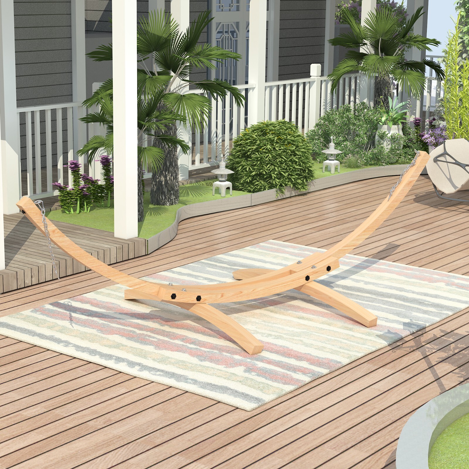13 Feet Russian Pine Hardwood Arc Frame Hammock Stand with Hooks and Chains