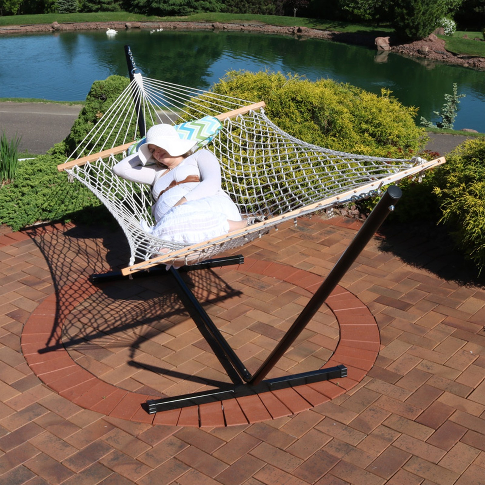 Large Rope Hammock with Steel Stand and Pad/Pillow – Blue/Green by Sunnydaze