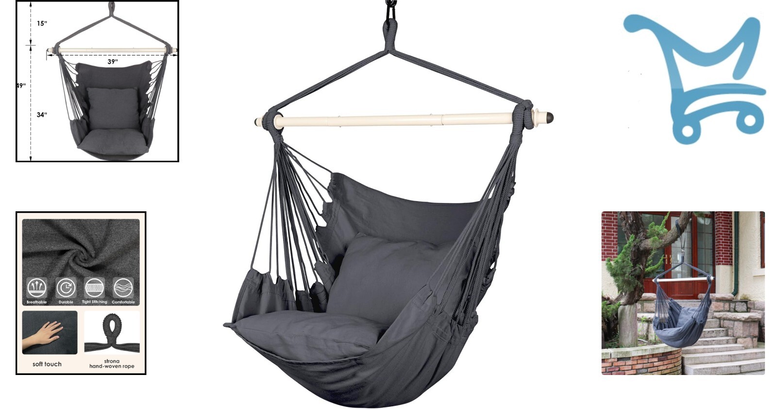 Hammock Chair Hanging Rope Swing Polyester 500lbs Indoor Outdoor Grey