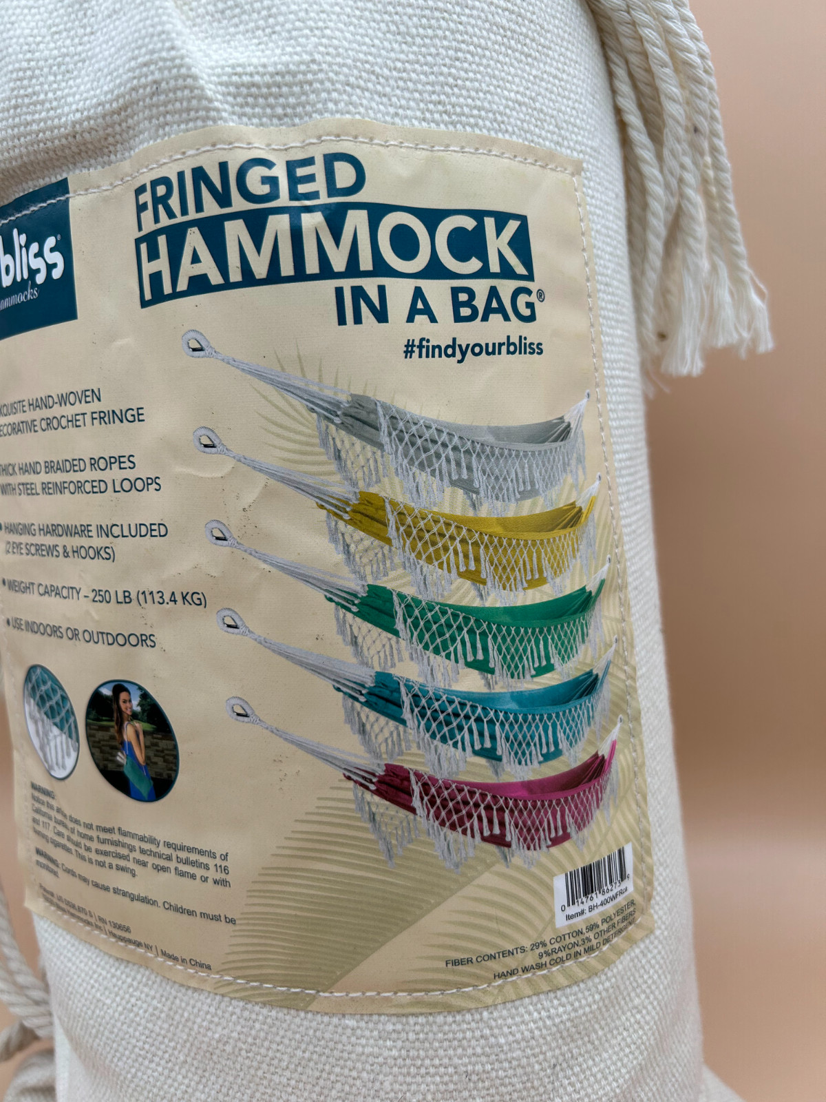 BLISS Hammocks Polyester Hand-Braided Hammock in a Bag Crochet Fringed Cream NIB