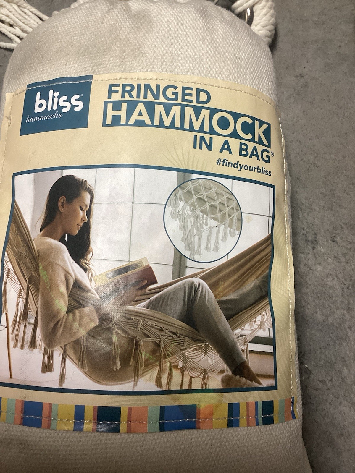 BLISS Hammocks Polyester Hand-Braided Hammock in a Bag Crochet Fringed Cream NIB