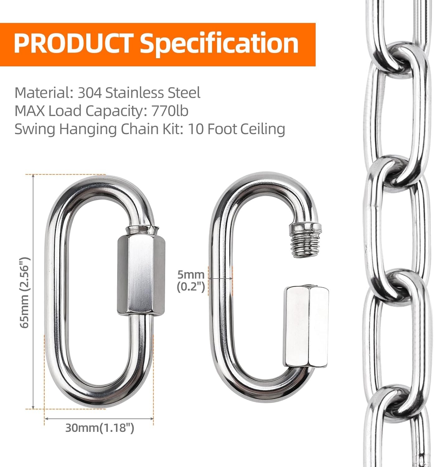 2 Pack Porch Swing Hanging Chain Kit Stainless Steel 10 FT Ceiling Load 700 Lbs