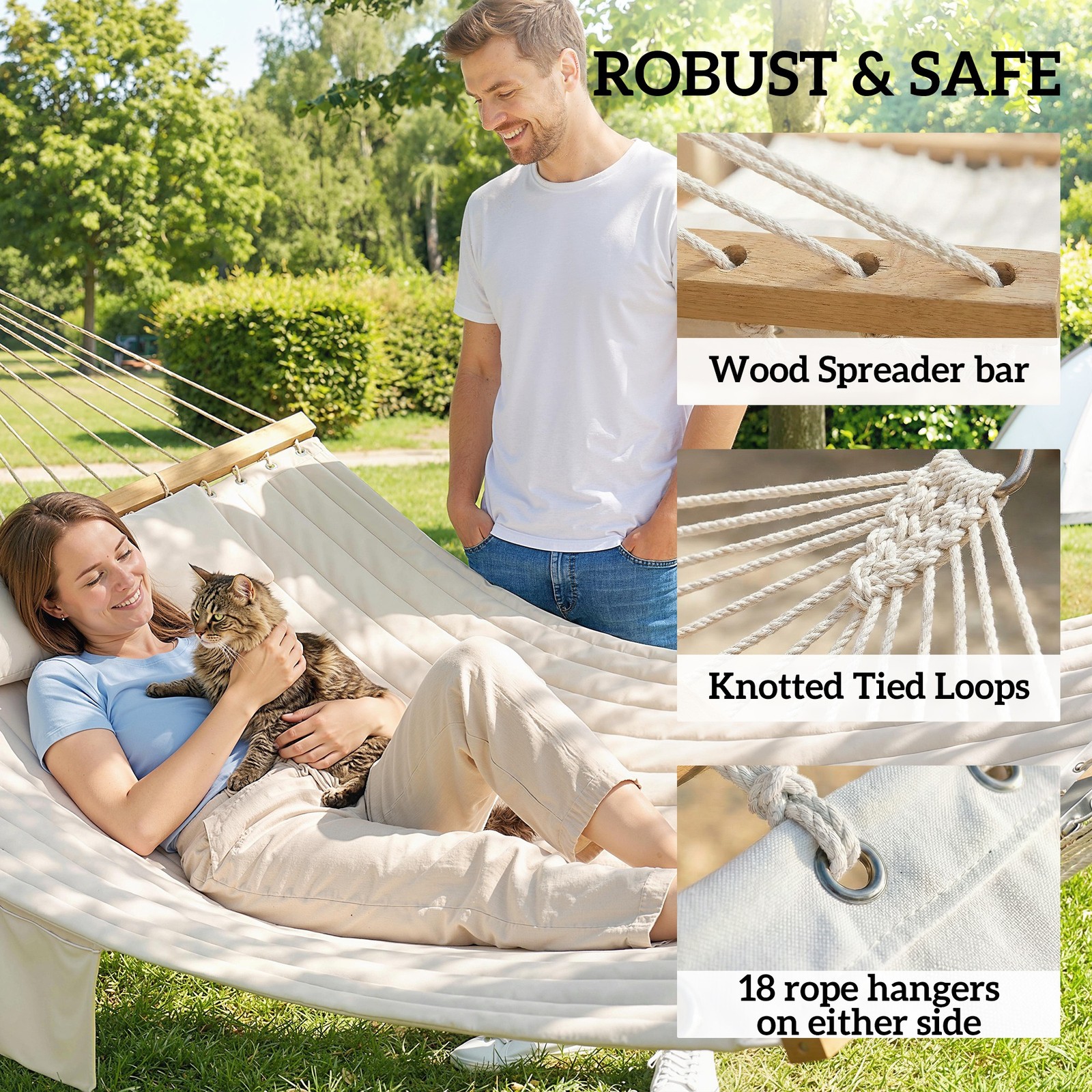 Outdoor Hammock, 2-Person, 440 lbs Capacity, Cream White